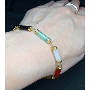 Vintage 585 14K Gold Barrel Multi Color Jade Station Bracelet 7"